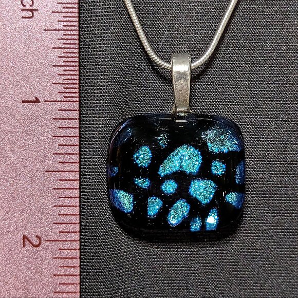 Amazing Signed Spotted Aqua Blue Dichroic & Black Glass Pendant w/Sterling Chain - Picture 2 of 6